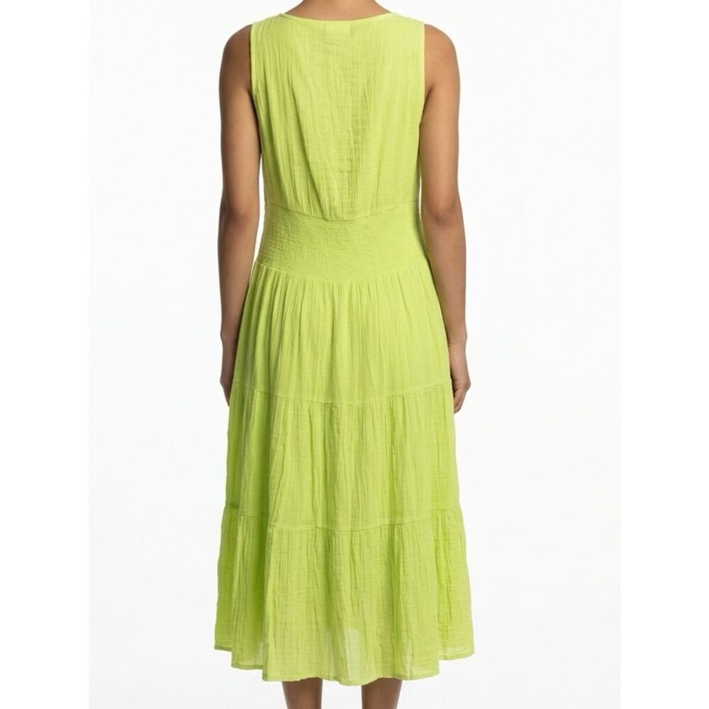 🛍️ MLLE GABRIELLE Lime Green Crinkle Pearl Tiered Smocked Bodice Midi Dress 1X - Picture 6 of 9